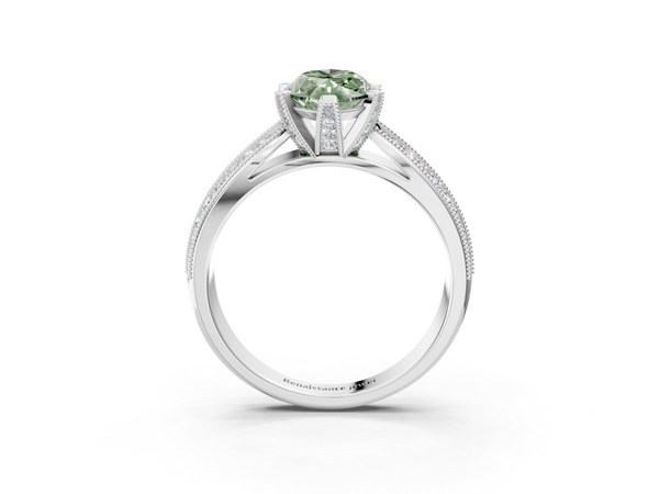 White gold Fancy Green Marquise  Solitaire Diamond Ring with Milgrain Pavé Band and Four-Prong Setting