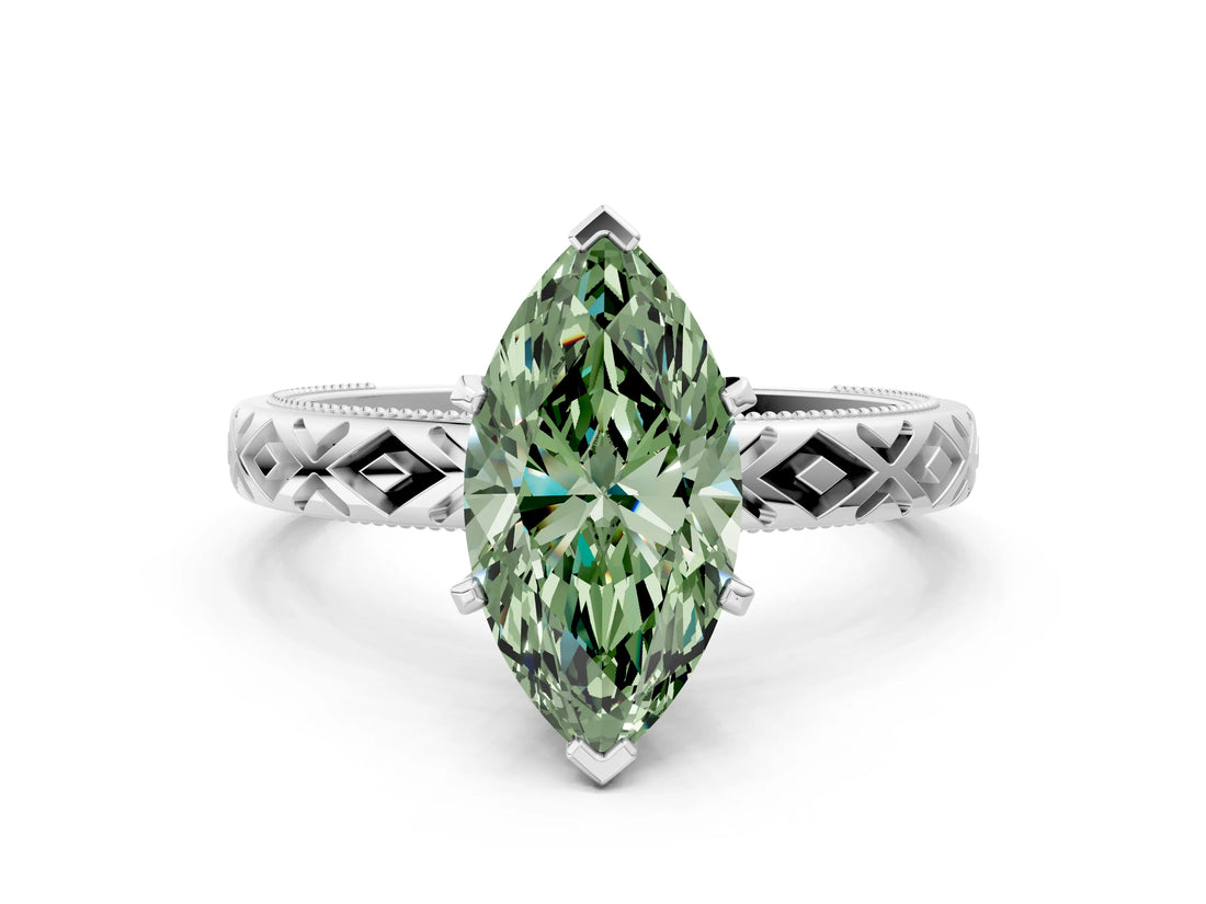 White gold Fancy Green Marquise  Solitaire Diamond Ring with Milgrain and Black Enamel X Pattern Band_78