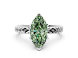 White gold Fancy Green Marquise  Solitaire Diamond Ring with Milgrain and Black Enamel X Pattern Band_78