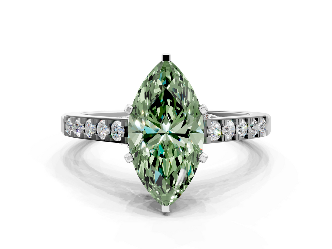 White gold Fancy Green Marquise  Solitaire Diamond Ring with Pavé Band and Four-Prong Setting_135