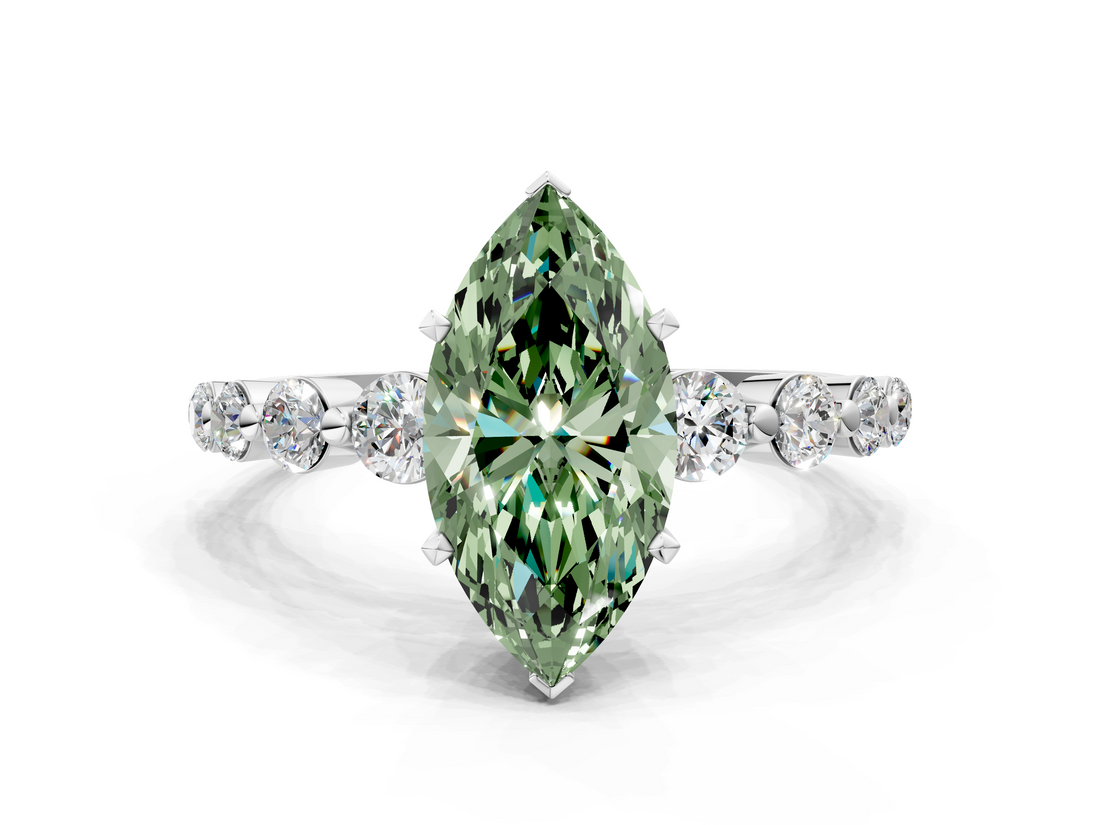 White gold Fancy Green Marquise  Solitaire Diamond Ring with Pave Band and Four-Prong Setting_261