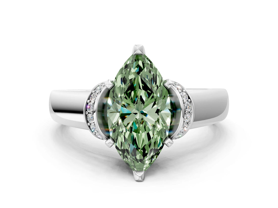 White gold Fancy Green Marquise  Solitaire Diamond Ring with Pave Band and Six-Prong Setting_32