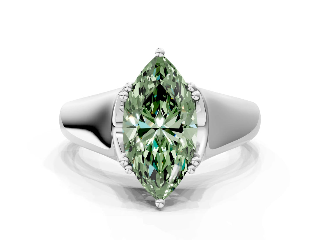 White gold Fancy Green Marquise  Solitaire Diamond Ring with Six-Prong Cathedral Setting_31