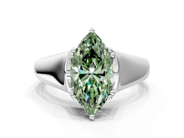Platinum Fancy Green Marquise Cut Diamond Solitaire Ring with Wide Band and Prong Setting