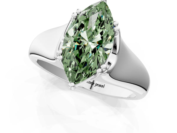 Platinum Fancy Green Marquise Cut Diamond Solitaire Ring with Wide Band and Prong Setting