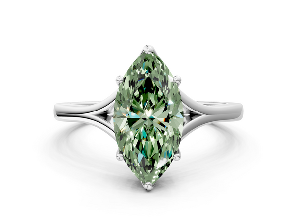 White gold Fancy Green Marquise  Solitaire Diamond Ring with Six-Prong Setting and Tapered Band
