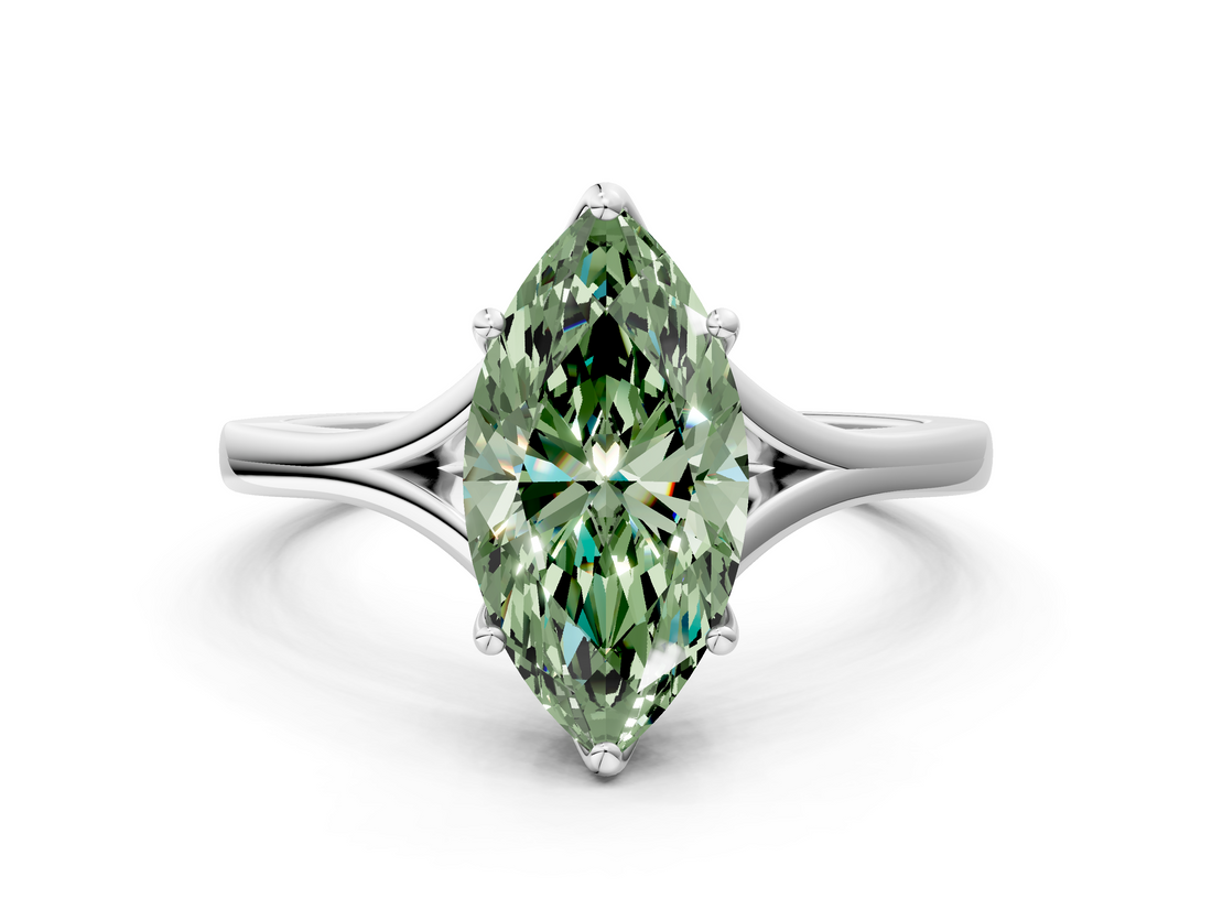 White gold Fancy Green Marquise  Solitaire Diamond Ring with Six-Prong Setting and Tapered Band_17