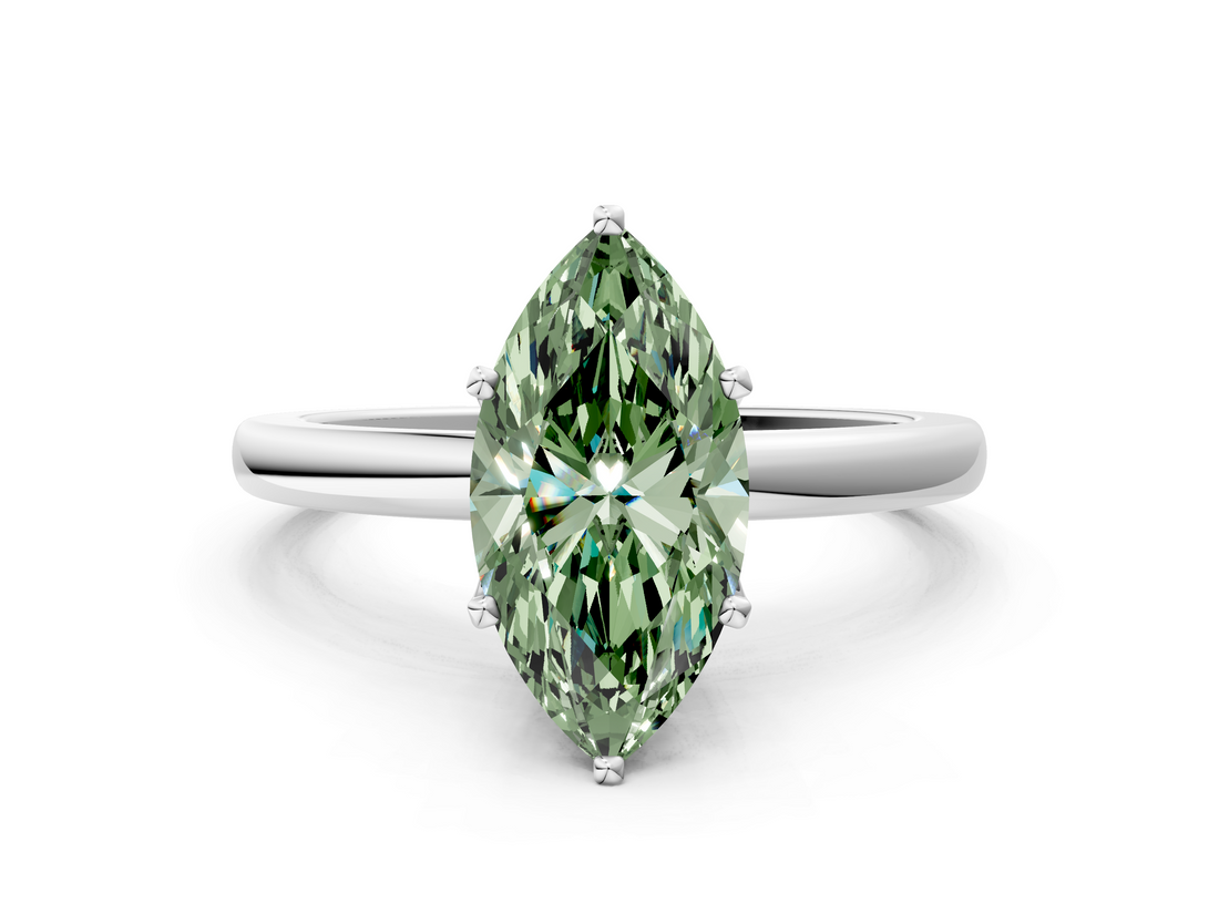 White gold Fancy Green Marquise  Solitaire Diamond Ring with Six-Prong Setting on a Classic Band_20