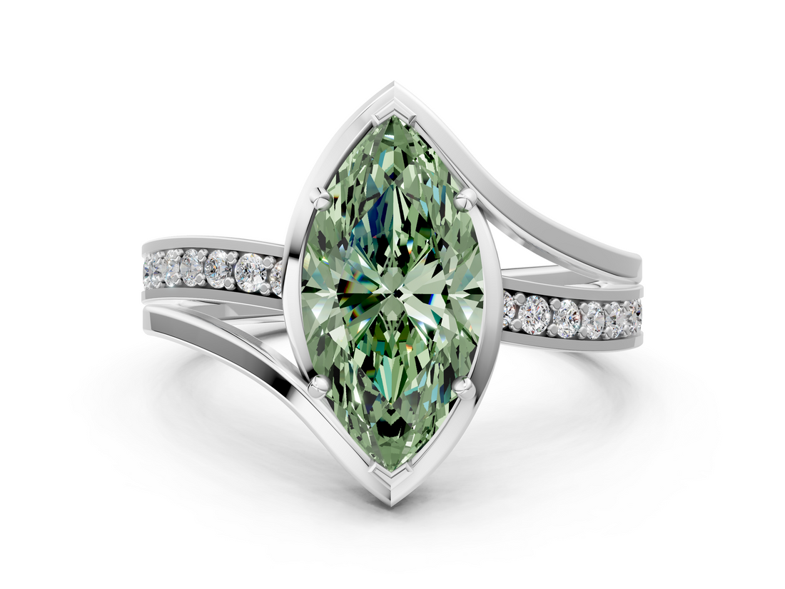 White gold Fancy Green Marquise  Solitaire Diamond Ring with Split Shank and Prong Setting_41