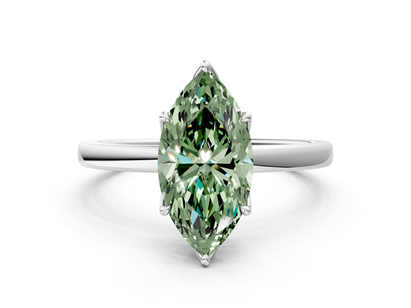 White gold Fancy Green Marquise  Solitaire Diamond Ring with Thin Band and Four-Prong Setting