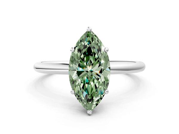 White gold Fancy Green Marquise  Solitaire Diamond Ring with a Classic Band and Four-Prong Setting