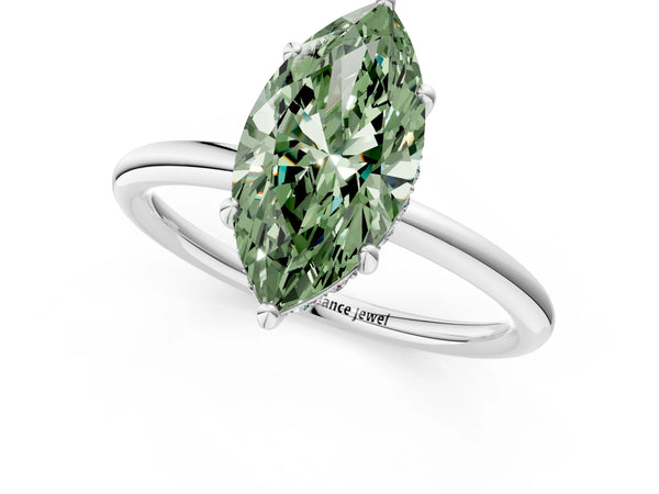 White gold Fancy Green Marquise  Solitaire Diamond Ring with a Classic Band and Four-Prong Setting
