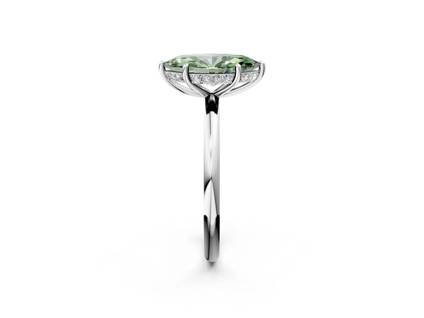 White gold Fancy Green Marquise  Solitaire Diamond Ring with a Classic Band and Four-Prong Setting