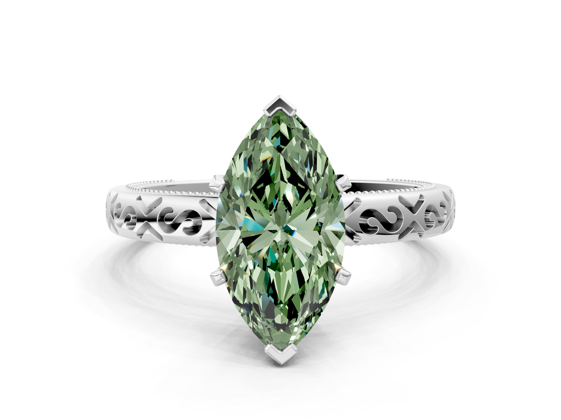 White gold Fancy Green Marquise  Solitaire Engagement Ring with Scrollwork Band and Four-Prong Setting_112