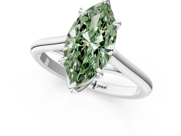 White gold Fancy Green Marquise  Solitaire Engagement Ring with Six-Prong Setting and Classic Band