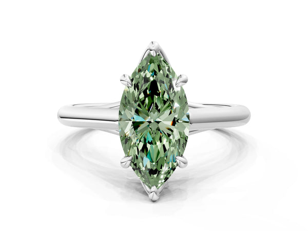 White gold Fancy Green Marquise  Solitaire Engagement Ring with Six-Prong Setting and Classic Band
