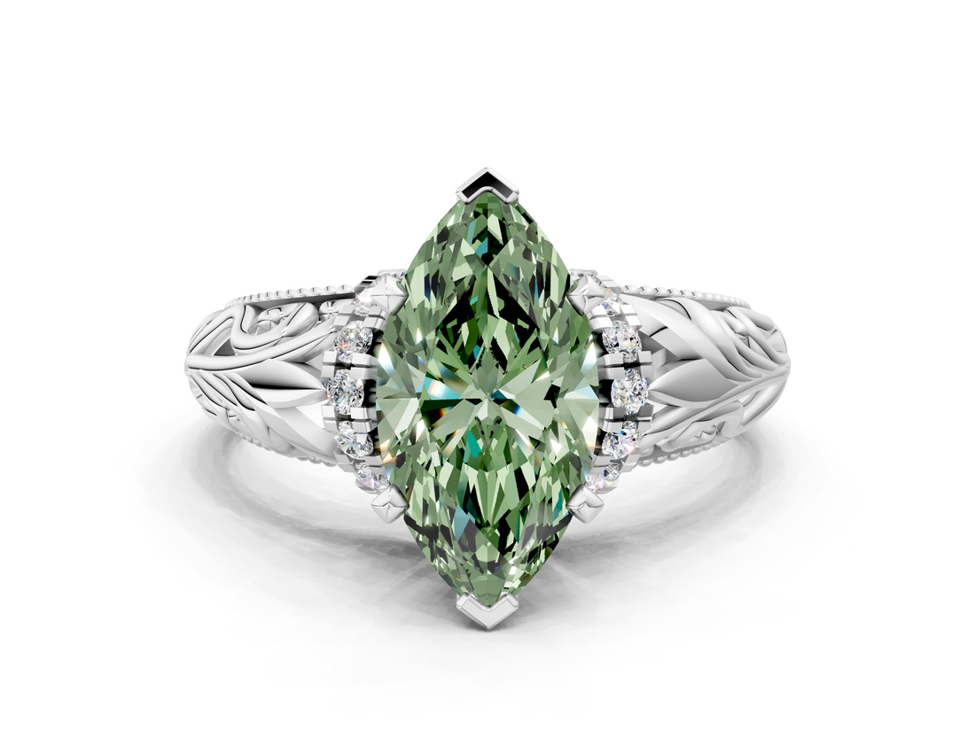White gold Fancy Green Marquise  Solitaire Filigree Engagement Ring with Halo and Prong Setting_68