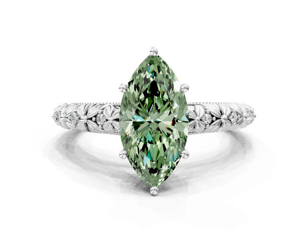 White gold Fancy Green Marquise  Solitaire Floral Milgrain Engagement Ring