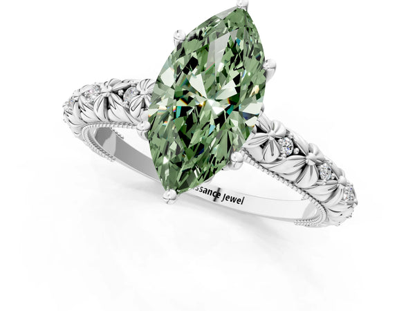 White gold Fancy Green Marquise  Solitaire Floral Milgrain Engagement Ring