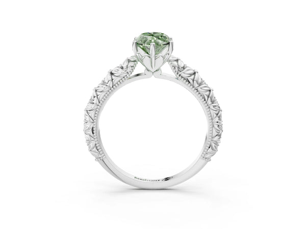 White gold Fancy Green Marquise  Solitaire Floral Milgrain Engagement Ring