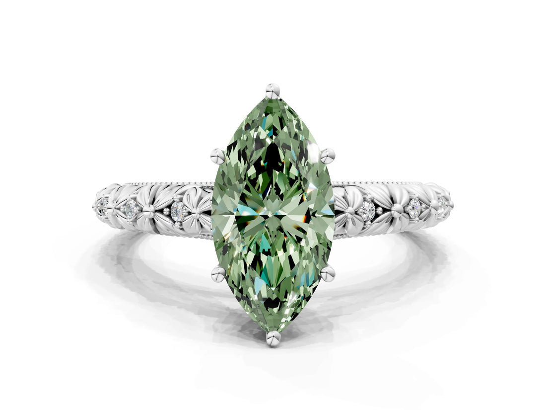 White gold Fancy Green Marquise  Solitaire Floral Milgrain Engagement Ring_37
