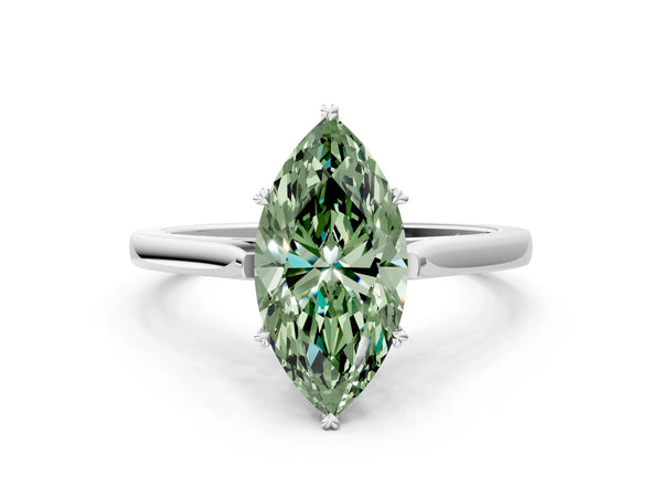 Platinum Fancy Green Marquise  Solitaire Heart Prong Engagement Ring with Tapered Band