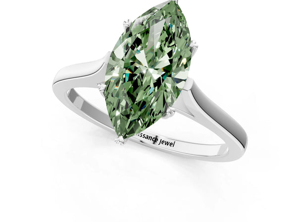 Platinum Fancy Green Marquise  Solitaire Heart Prong Engagement Ring with Tapered Band