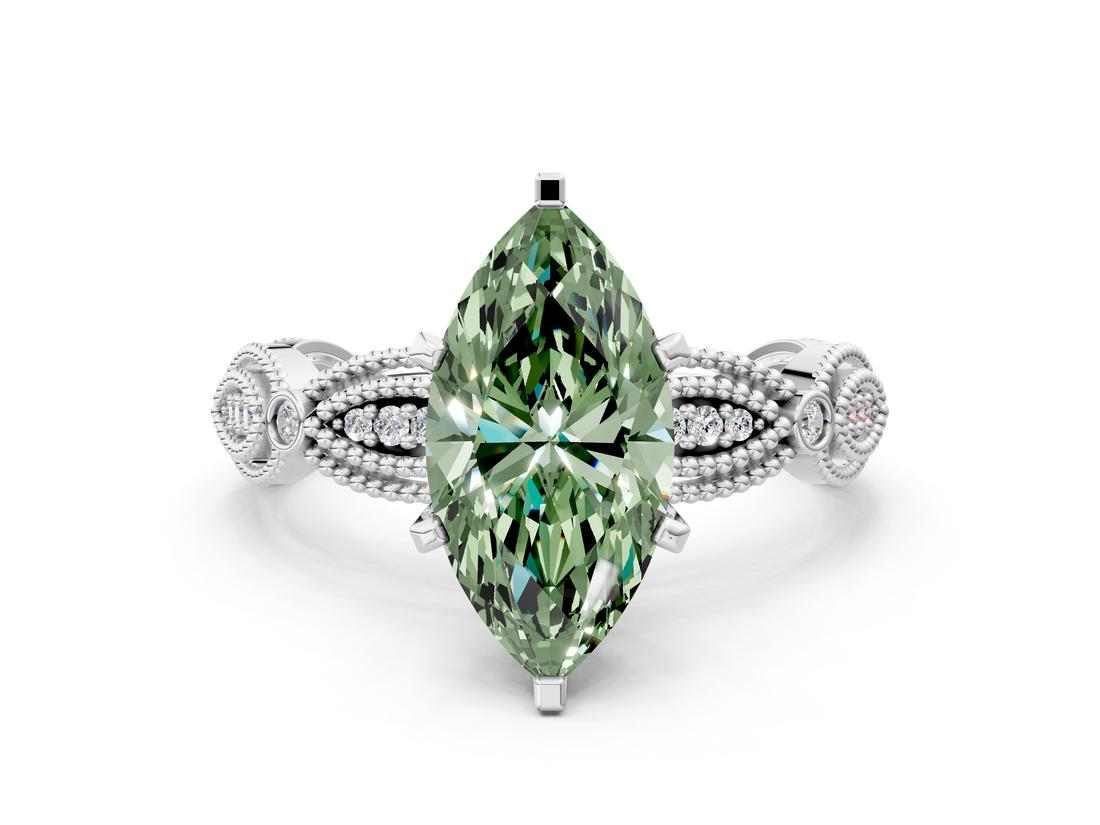 White gold Fancy Green Marquise  Solitaire Milgrain Diamond Engagement Ring with Bezel and Marquise Band_150