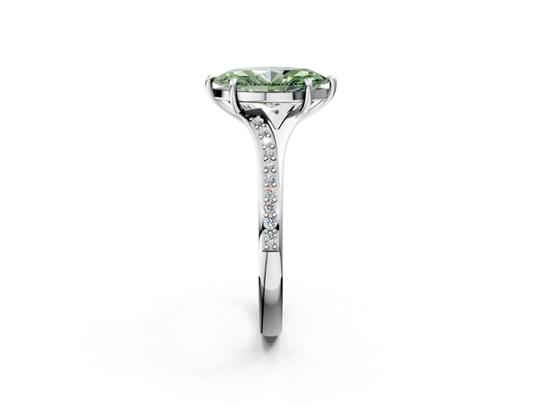 Platinum Fancy Green Marquise Cut Diamond Solitaire Ring with Pavé Band and Prong Setting