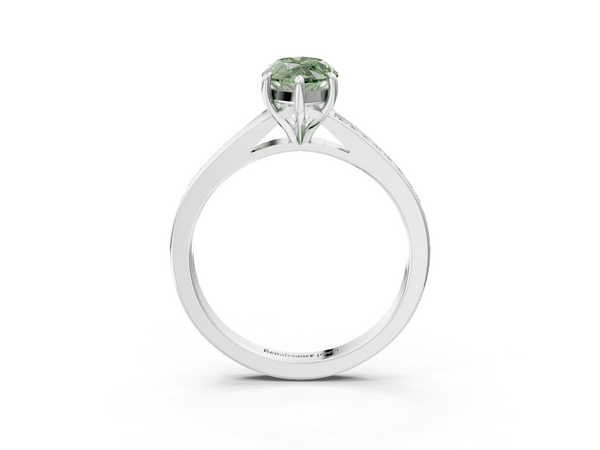 Platinum Fancy Green Marquise Cut Diamond Solitaire Ring with Pavé Band and Prong Setting