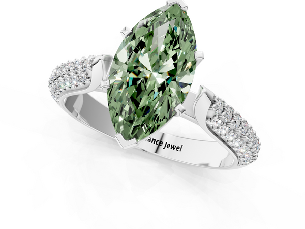 Platinum Fancy Green Marquise  Diamond Solitaire Engagement Ring with Pavé Band and Four-Prong Setting