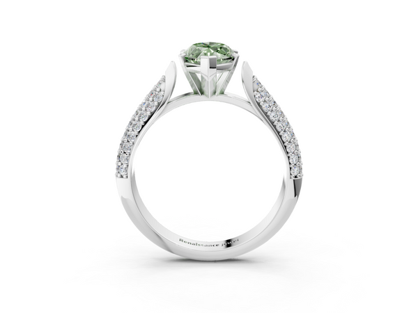 Platinum Fancy Green Marquise  Diamond Solitaire Engagement Ring with Pavé Band and Four-Prong Setting