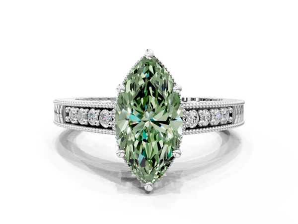 Platinum Fancy Green Marquise  Solitaire Pavé Diamond Milgrain Engagement Ring with Four-Prong Setting