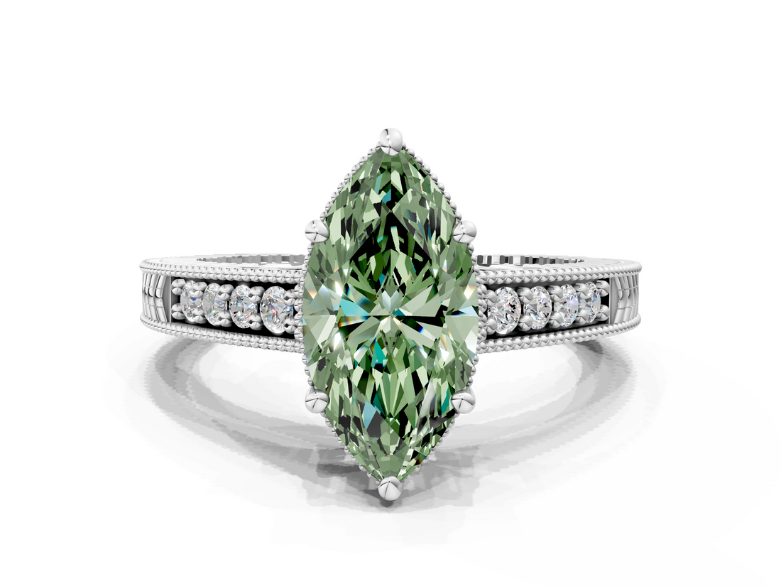 White gold Fancy Green Marquise  Solitaire Pavé Diamond Milgrain Engagement Ring with Four-Prong Setting_3