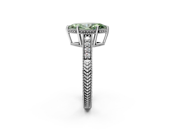 Platinum Fancy Green Marquise  Solitaire Pavé Diamond Milgrain Engagement Ring with Four-Prong Setting