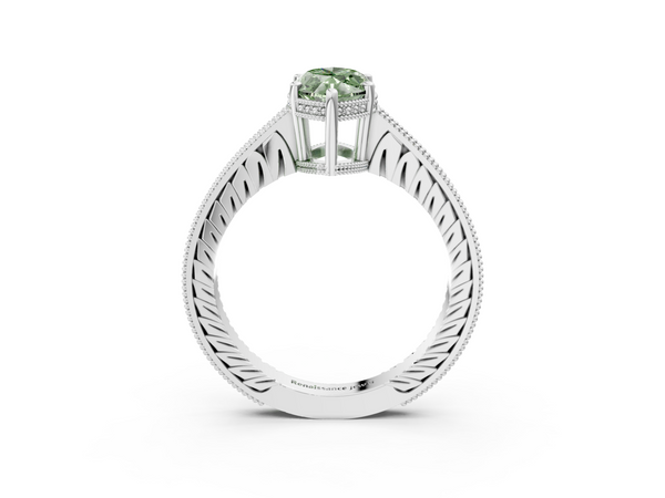 Platinum Fancy Green Marquise  Solitaire Pavé Diamond Milgrain Engagement Ring with Four-Prong Setting