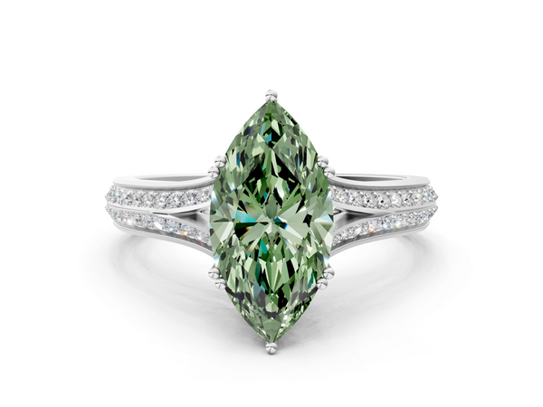 White gold Fancy Green Marquise Cut Diamond Split Shank Engagement Ring with Pavé Band
