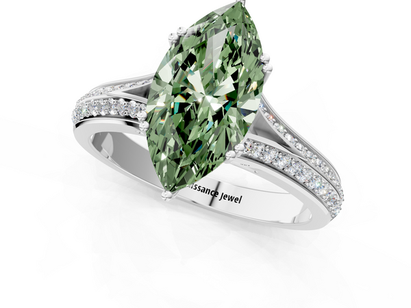 White gold Fancy Green Marquise Cut Diamond Split Shank Engagement Ring with Pavé Band