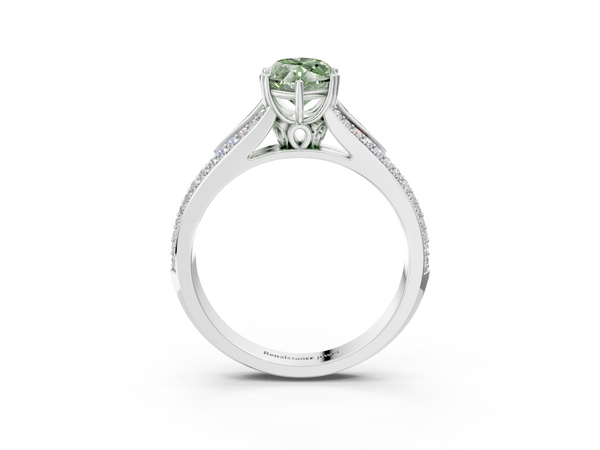 White gold Fancy Green Marquise Cut Diamond Split Shank Engagement Ring with Pavé Band