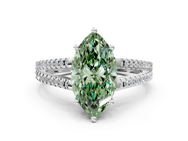 White gold Fancy Green Marquise Cut Diamond Solitaire Engagement Ring with Split Shank Pavé Band