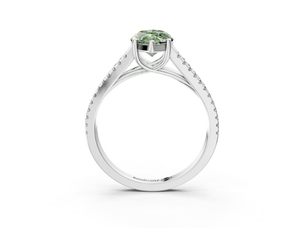 White gold Fancy Green Marquise Cut Diamond Solitaire Engagement Ring with Split Shank Pavé Band