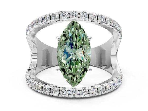 White gold Fancy Green Marquise  Solitaire Split Shank Pave Diamond Ring