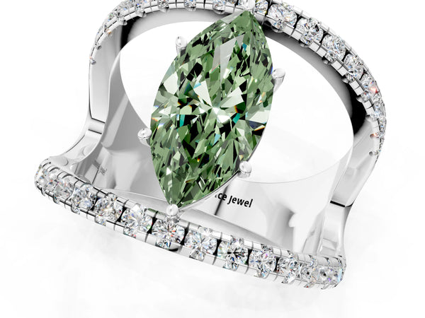 White gold Fancy Green Marquise  Solitaire Split Shank Pave Diamond Ring