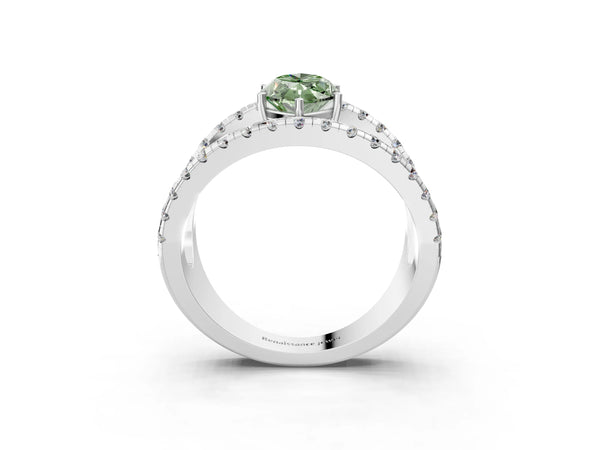 White gold Fancy Green Marquise  Solitaire Split Shank Pave Diamond Ring