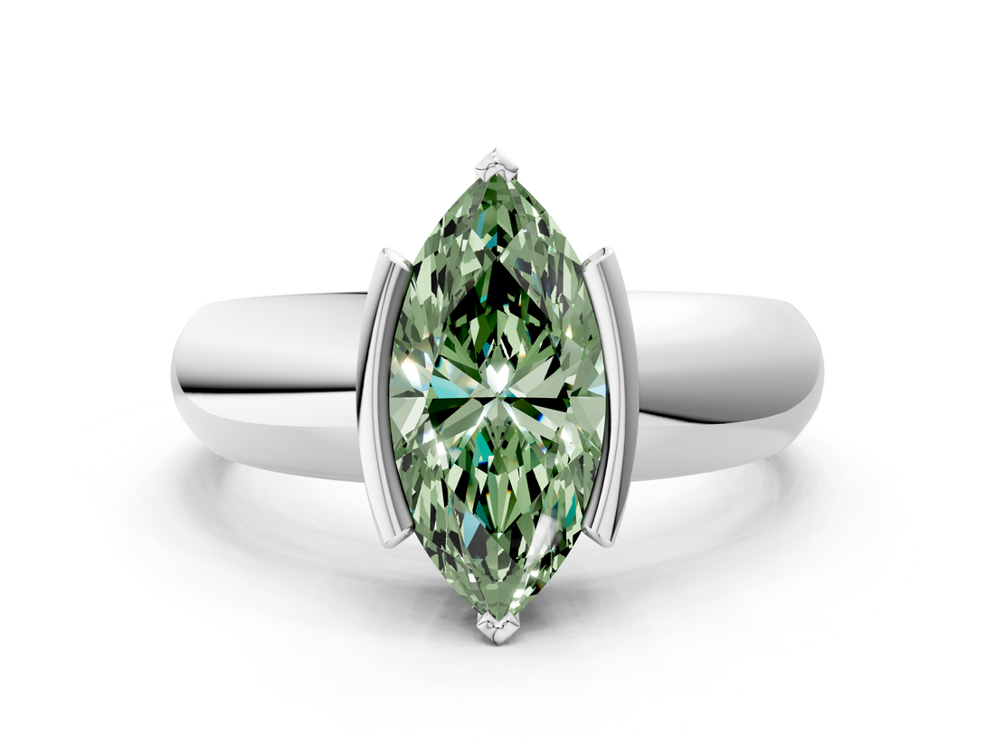 White gold Fancy Green Marquise  Solitaire Tension Set Diamond Ring with Wide Band_20