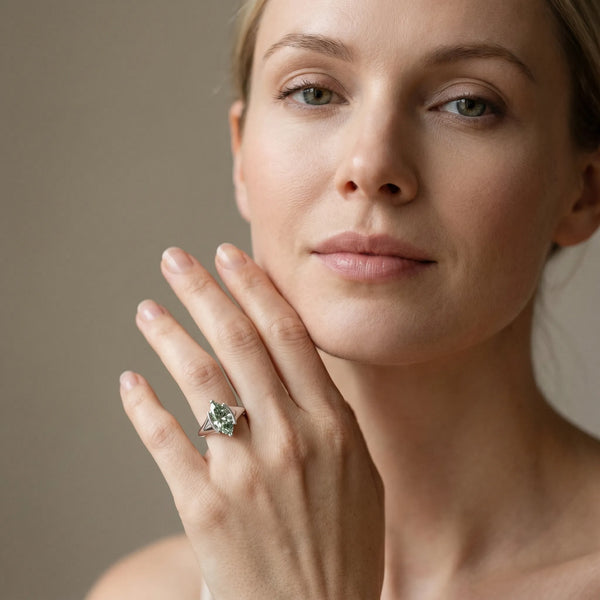 White gold Fancy Green Marquise  Solitaire Tension Set Diamond Ring