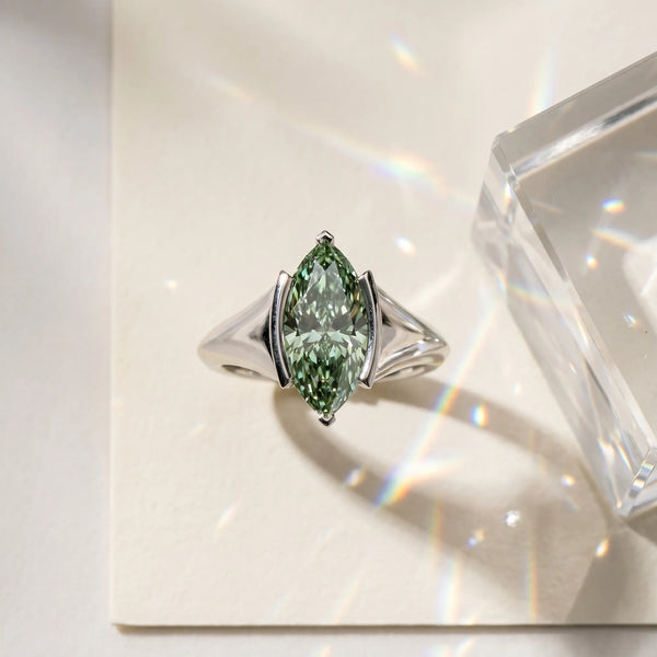 White gold Fancy Green Marquise  Solitaire Tension Set Diamond Ring