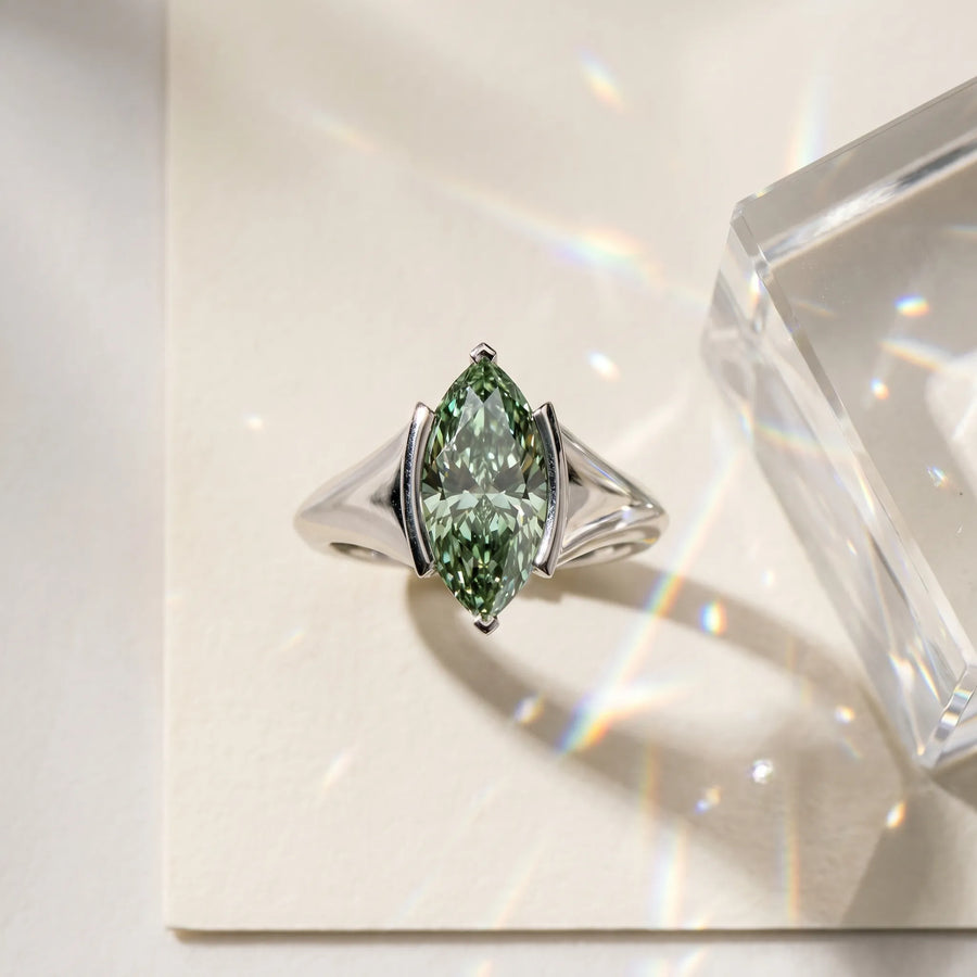 White gold Fancy Green Marquise  Solitaire Tension Set Diamond Ring