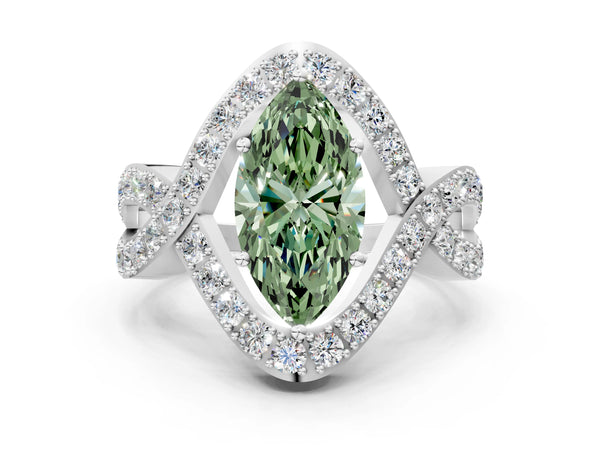 Platinum Fancy Green Marquise  Solitaire Twist Band Pavé Diamond Engagement Ring