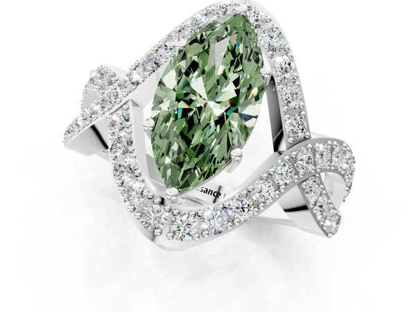 Platinum Fancy Green Marquise  Solitaire Twist Band Pavé Diamond Engagement Ring